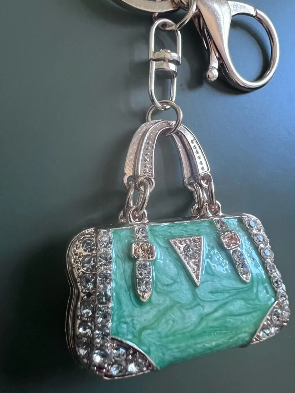 Keychain Bag Charm New Green Swirl Crystals Gold Tone